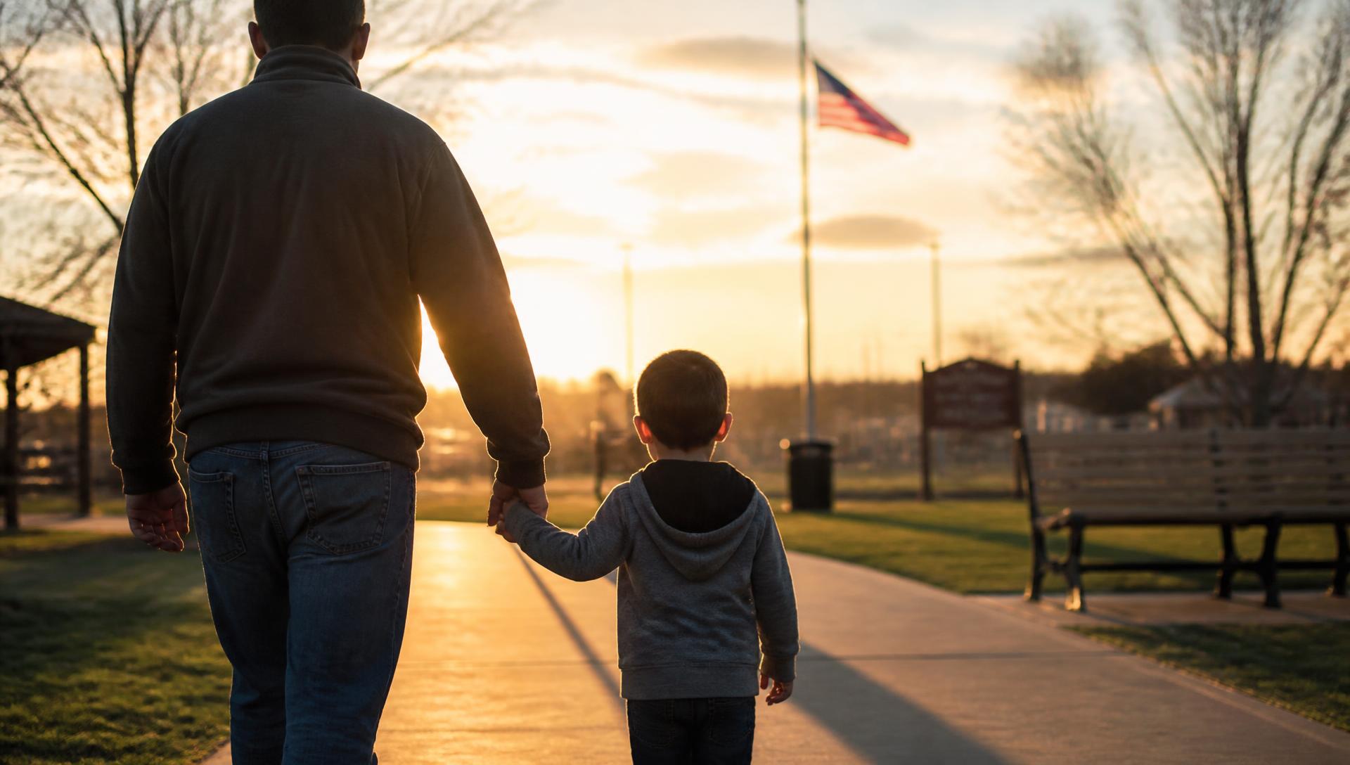 Parent and child walking toward a park at sunset